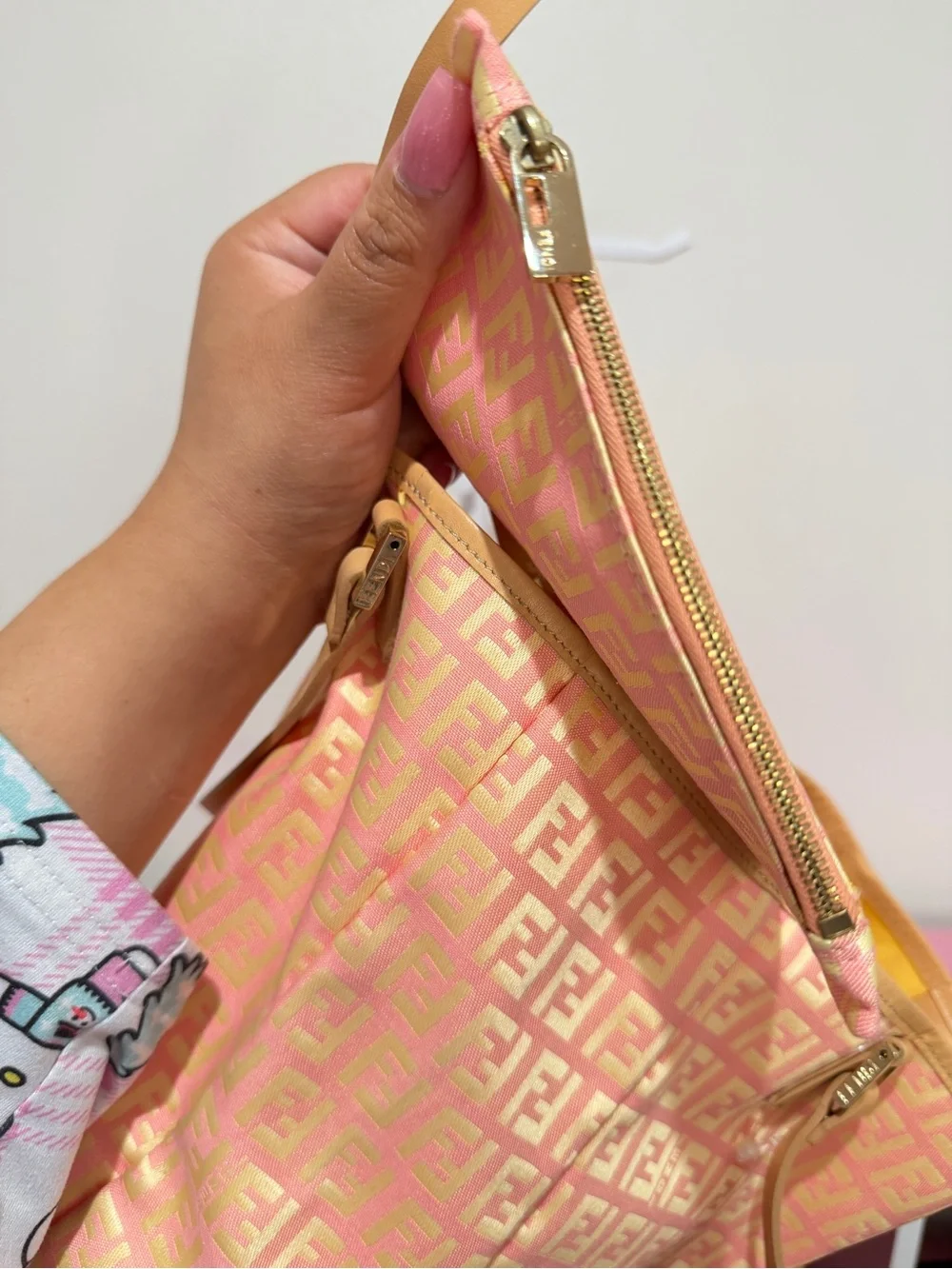 Fendi Pink and Tan Zucca Monogram Tote with Pouch